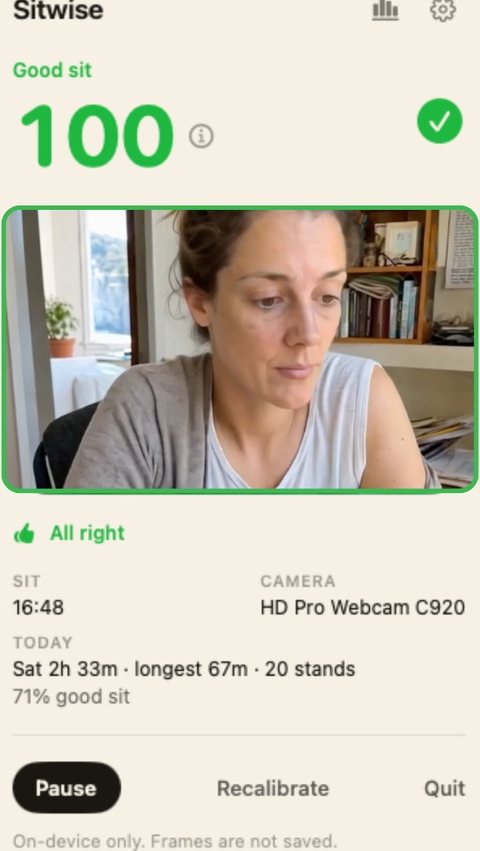 Sitwise showing Good sit at 100, a green camera frame, and All right.