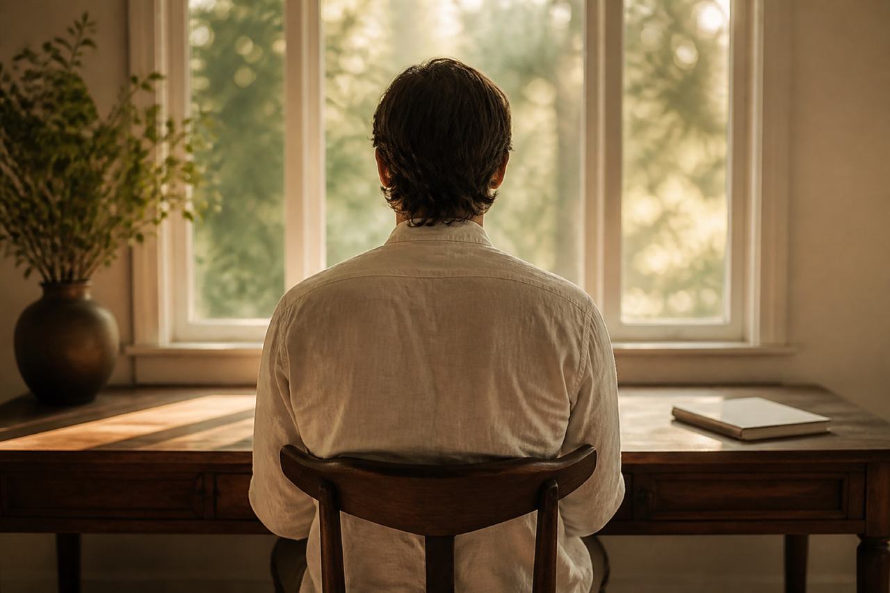 Seen from behind, a person sits straight at a desk in front of a bright window.
