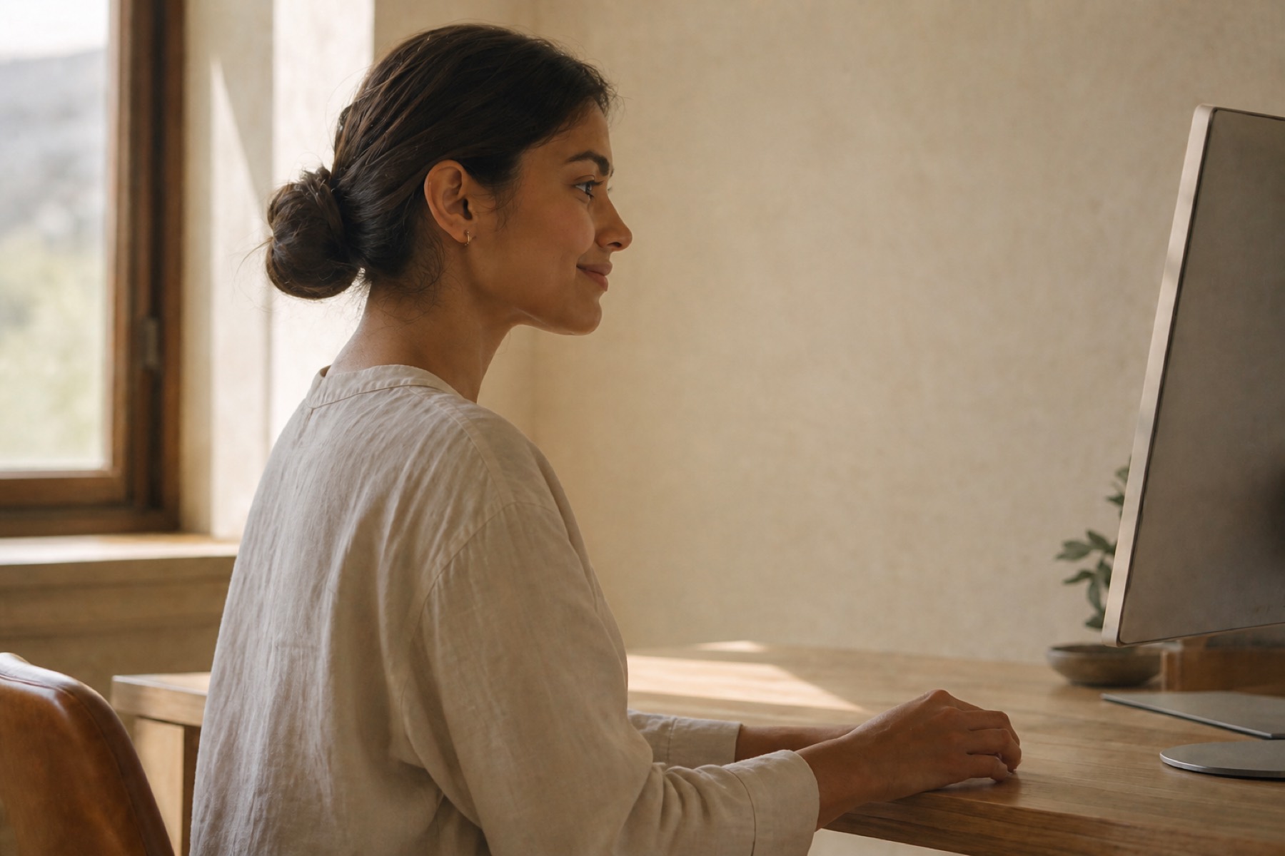 A woman sitting upright at a wooden desk, in profile, looking at a monitor.