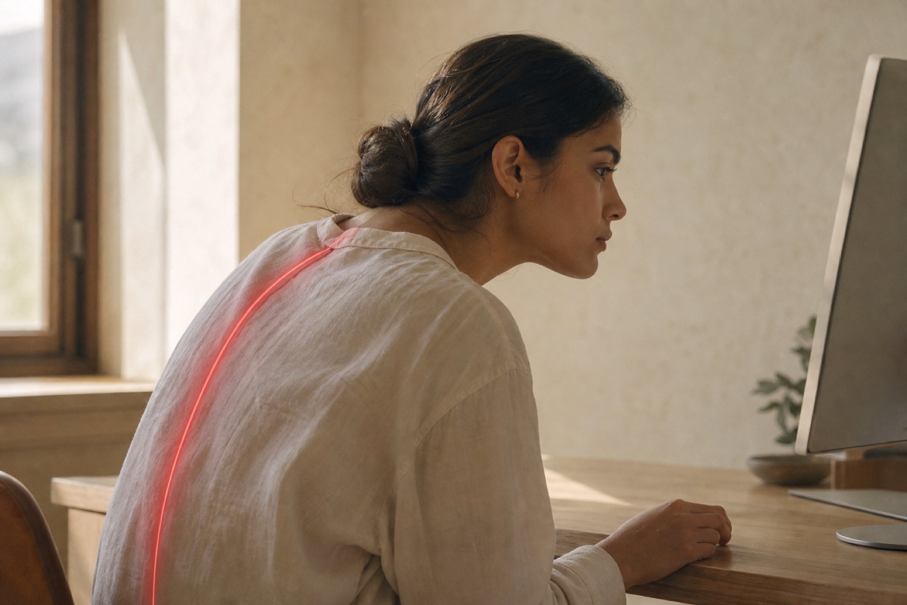 The same desk, the same person, now slumped toward the screen, with a red line tracing the curve of the spine.