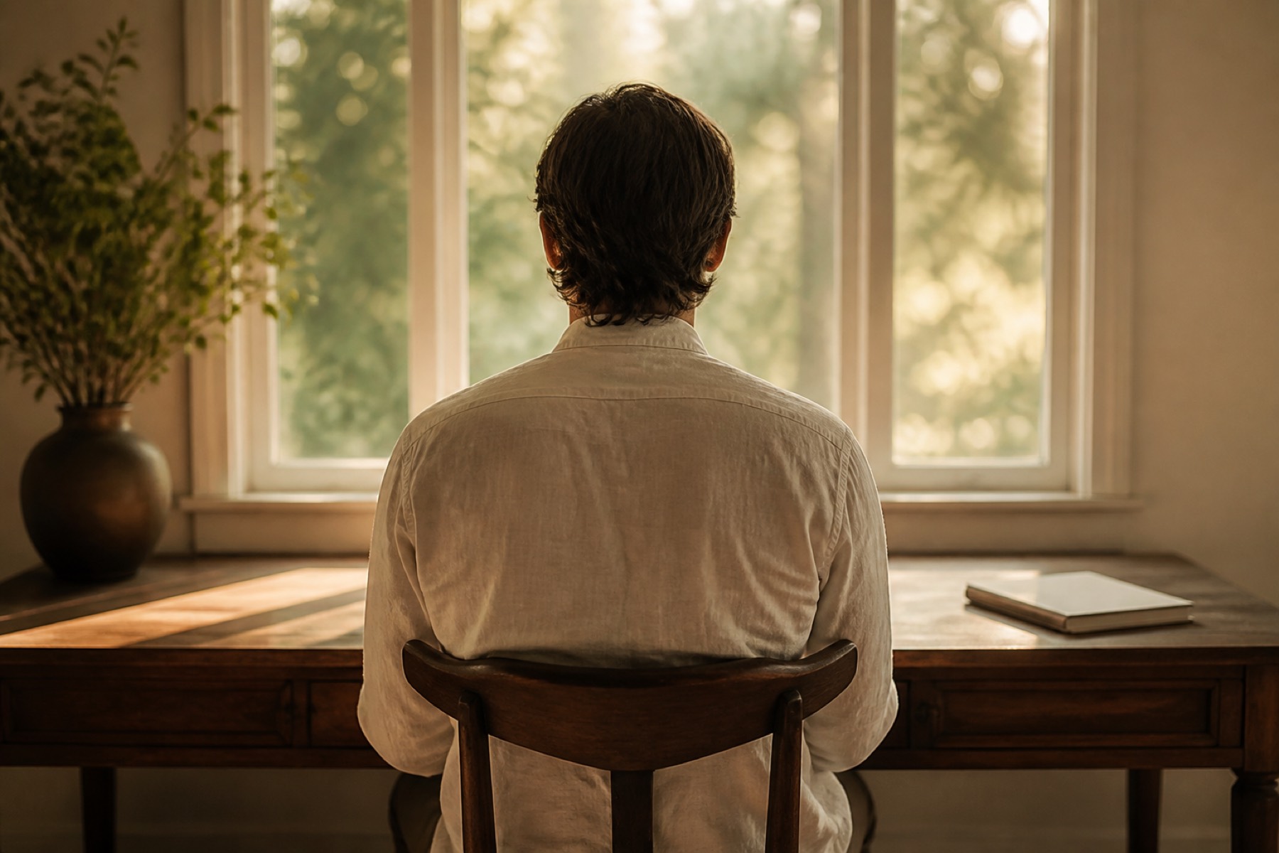 Seen from behind, a person sits straight at a desk in front of a bright window.